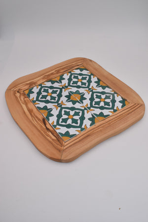 Ceramic tray with 4 olive wood tiles