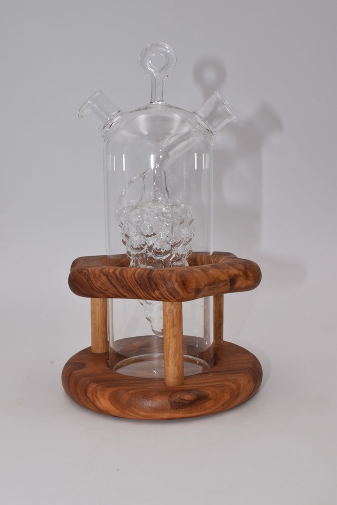 Oil cruet two uses flower base in olive wood 
