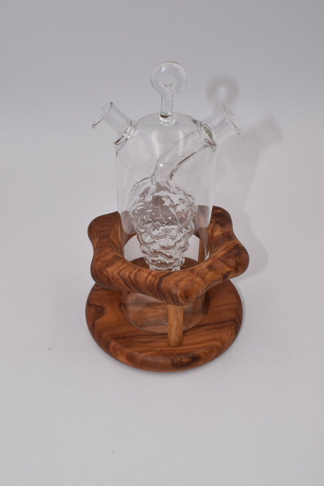 Oil cruet two uses flower base in olive wood 