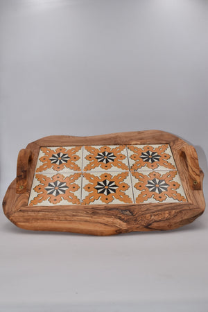 Vassoio ceramica con manici in legno d'ulivo