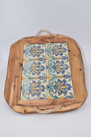 Vassoio ceramica con manici in corda in legno d'ulivo