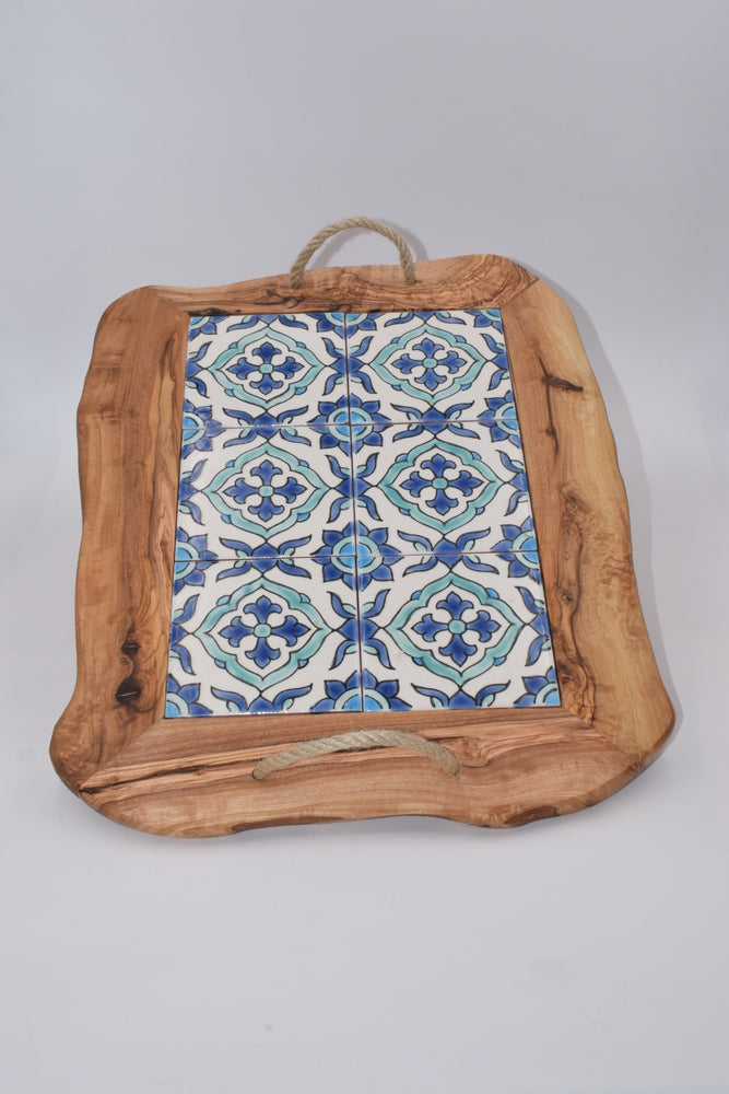 Vassoio ceramica con manici in corda in legno d'ulivo