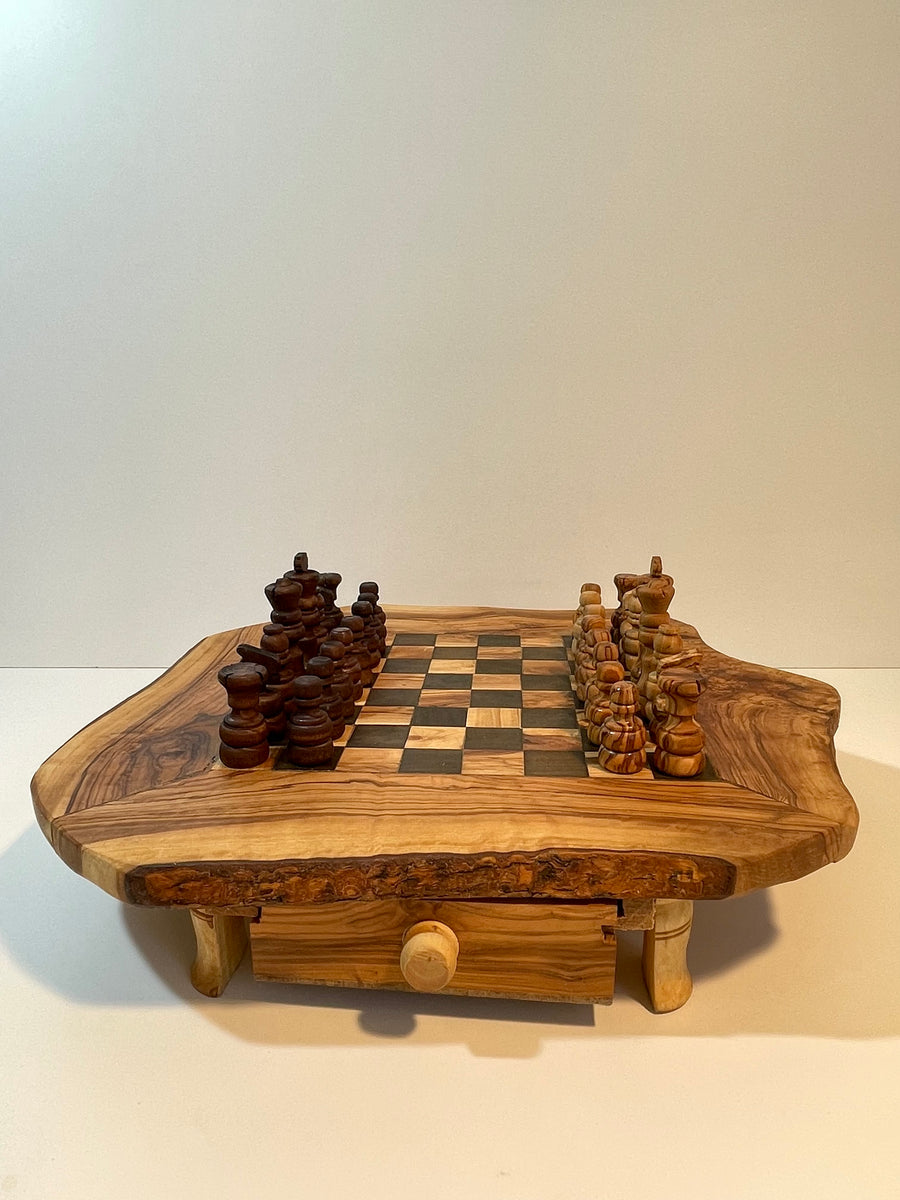 Large rustic chessboard with drawers in olive wood