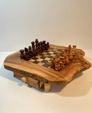 Large rustic chessboard with drawers in olive wood