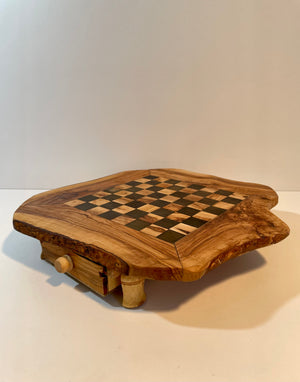 Large rustic chessboard with drawers in olive wood