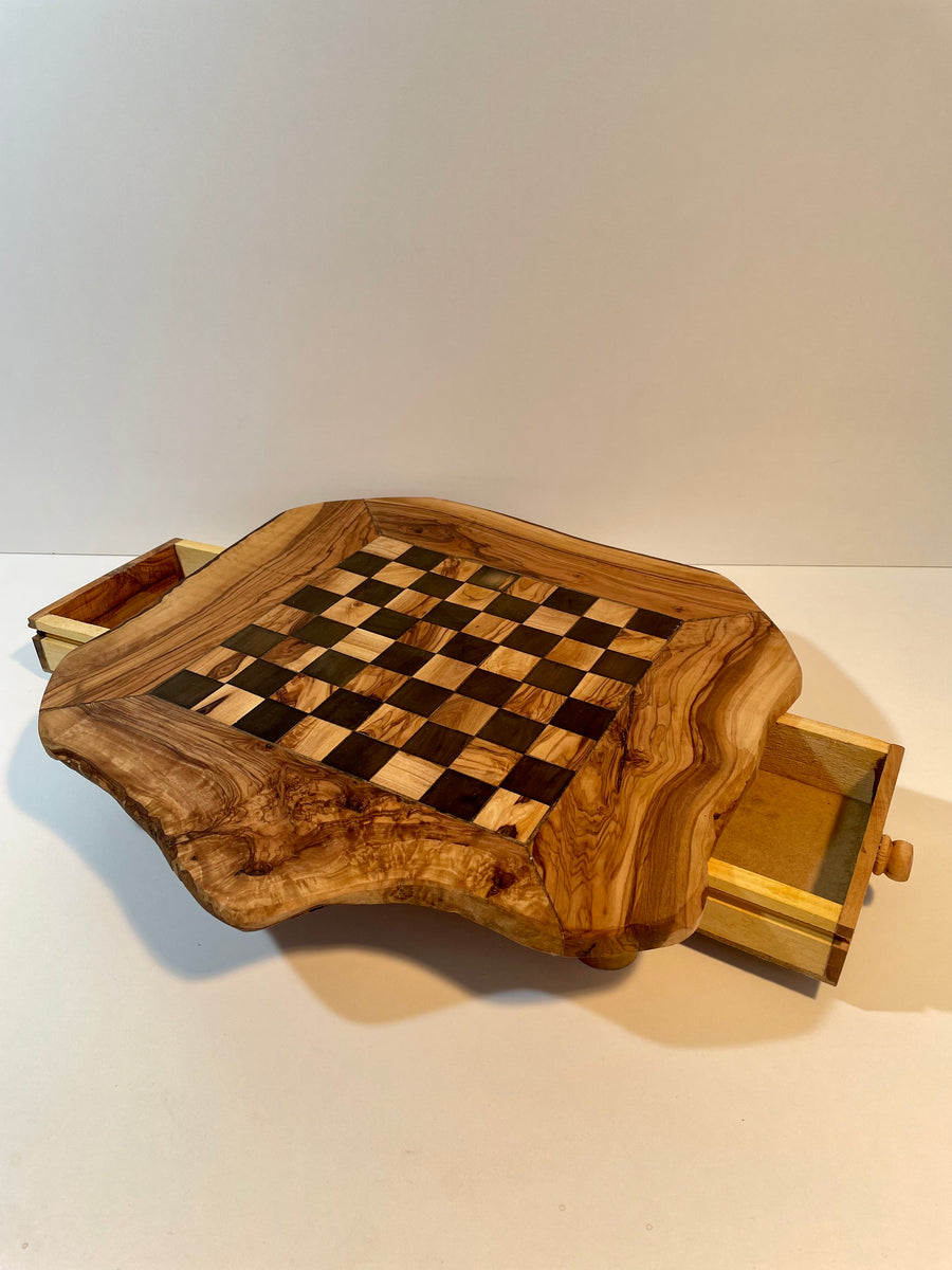 Large rustic chessboard with drawers in olive wood